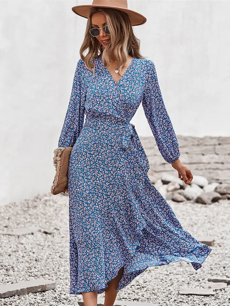 Spring Autumn Long Bandage Print Dress for Women V Neck Full Sleeve Hight Waist Winter Maxi Dresses Ladies Elegant
