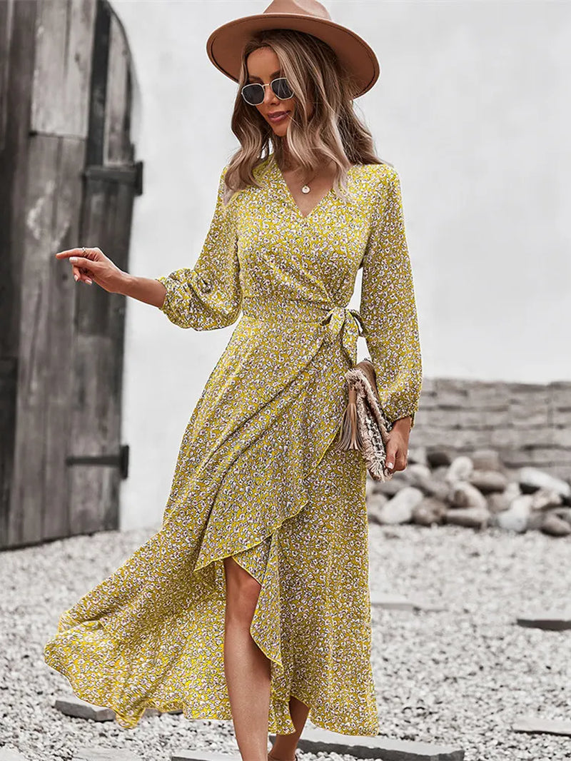 Spring Autumn Long Bandage Print Dress for Women V Neck Full Sleeve Hight Waist Winter Maxi Dresses Ladies Elegant