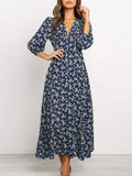 Women Chiffon Long Dress Floral Print Lantern Sleeve A-Line Maxi Vestidos Autumn New Elegant Vintage V Neck Winter Dresses