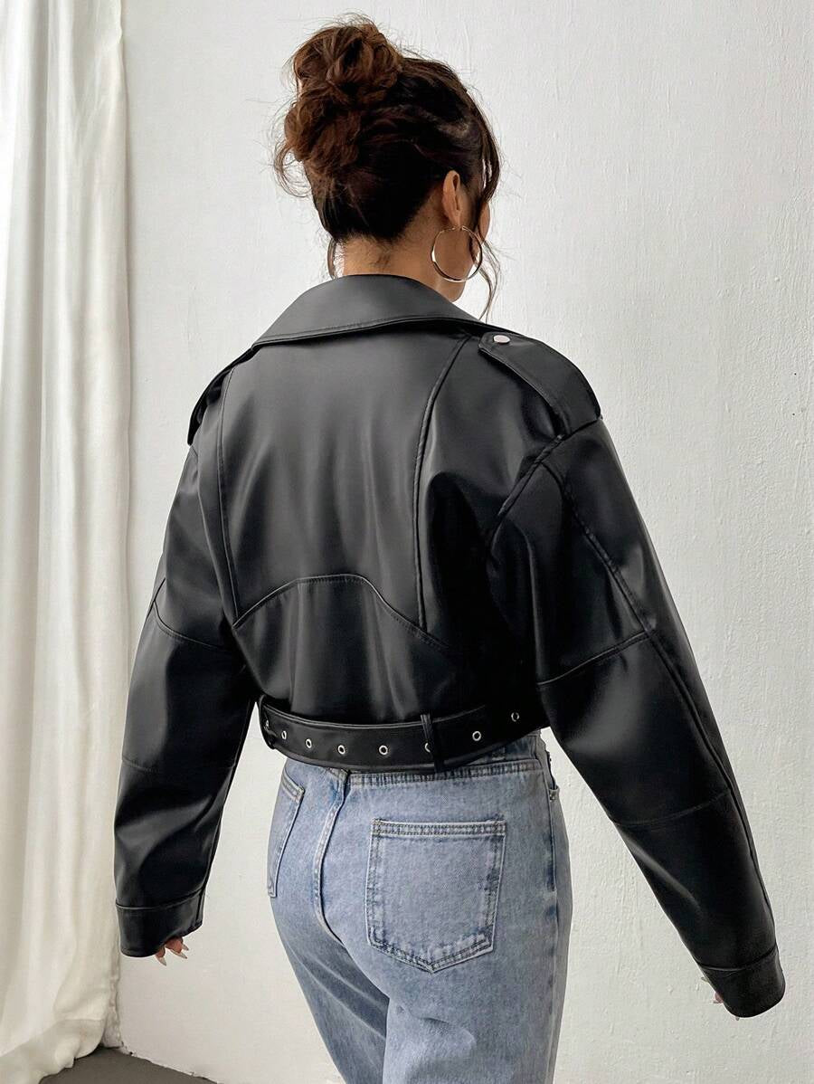SHEIN Unity Women'S Fashionable Stand Collar Zipper Moto Jacket, Autumn Fall Winter Cloth for Women