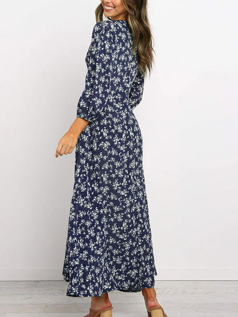 Women Chiffon Long Dress Floral Print Lantern Sleeve A-Line Maxi Vestidos Autumn New Elegant Vintage V Neck Winter Dresses