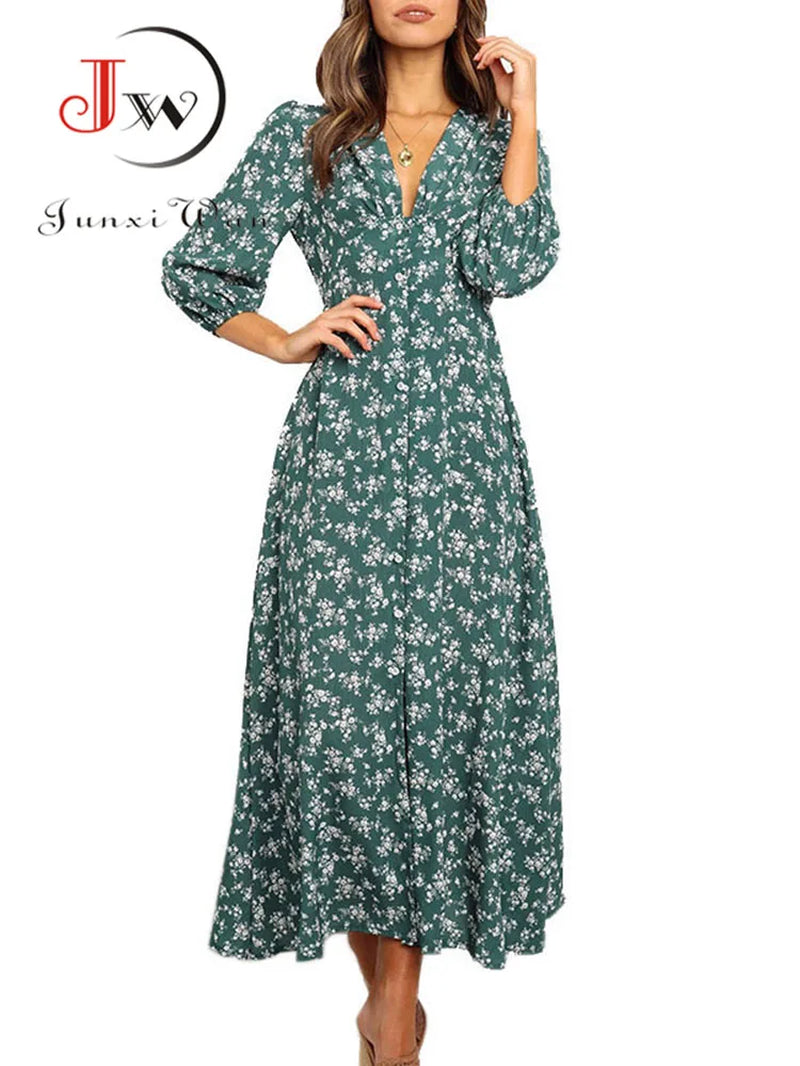 Women Chiffon Long Dress Floral Print Lantern Sleeve A-Line Maxi Vestidos Autumn New Elegant Vintage V Neck Winter Dresses