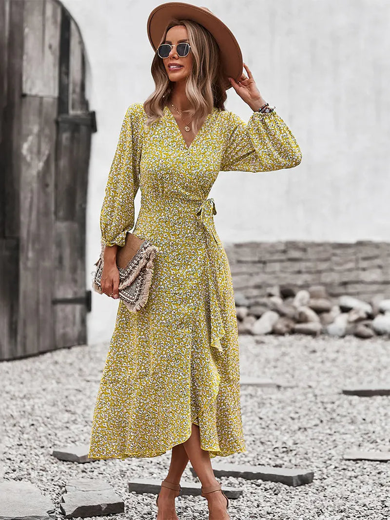Spring Autumn Long Bandage Print Dress for Women V Neck Full Sleeve Hight Waist Winter Maxi Dresses Ladies Elegant