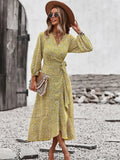 Spring Autumn Long Bandage Print Dress for Women V Neck Full Sleeve Hight Waist Winter Maxi Dresses Ladies Elegant