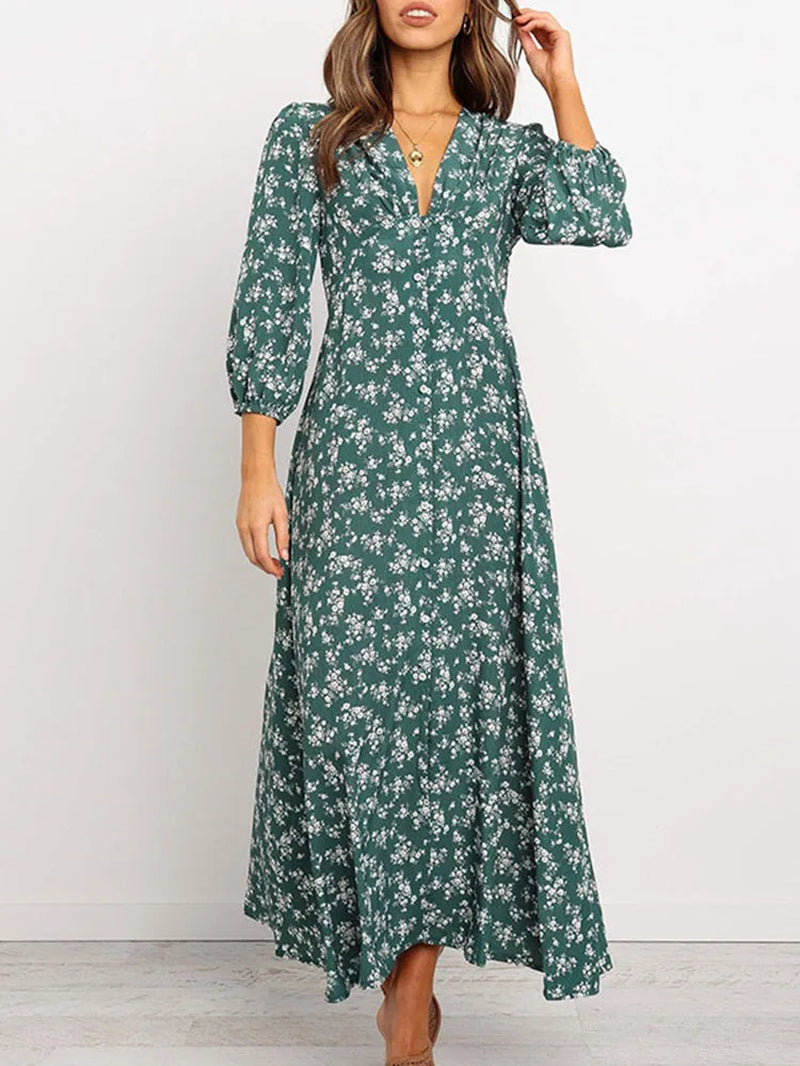 Women Chiffon Long Dress Floral Print Lantern Sleeve A-Line Maxi Vestidos Autumn New Elegant Vintage V Neck Winter Dresses
