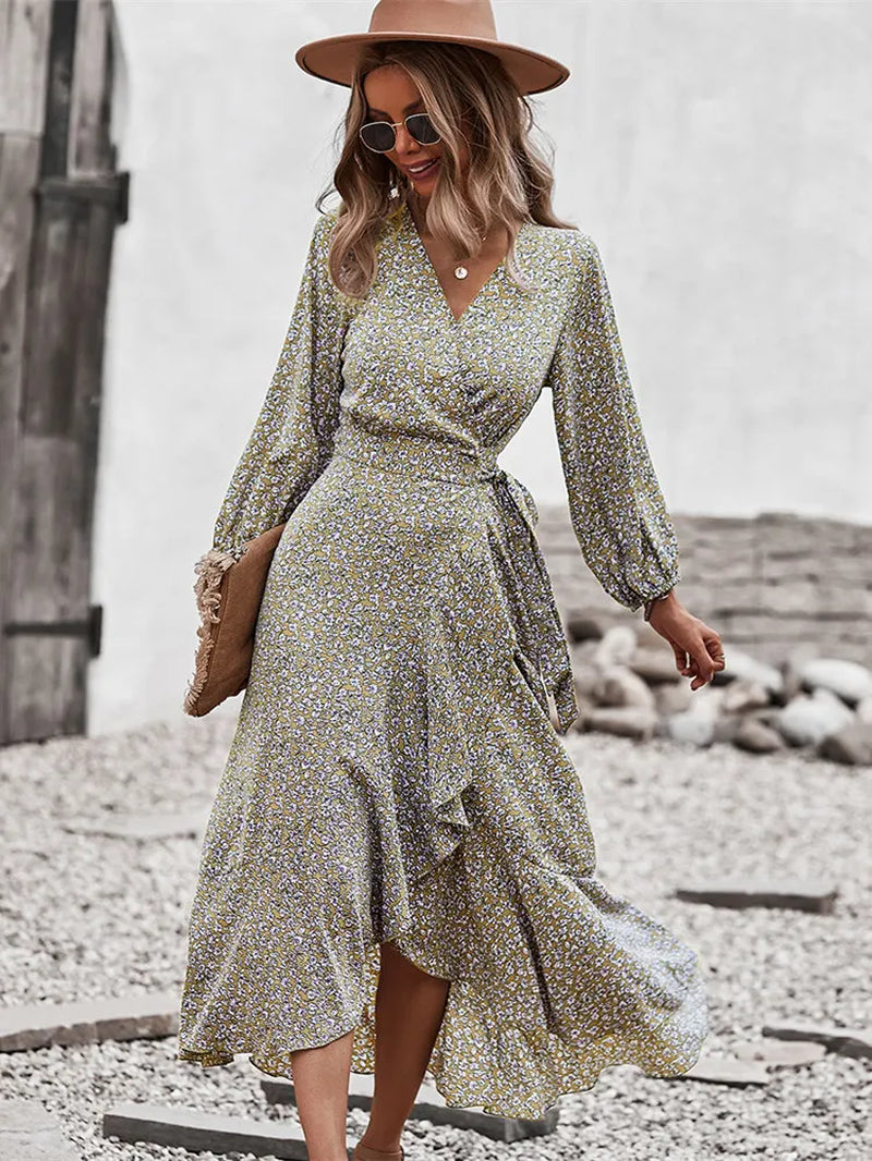 Spring Autumn Long Bandage Print Dress for Women V Neck Full Sleeve Hight Waist Winter Maxi Dresses Ladies Elegant