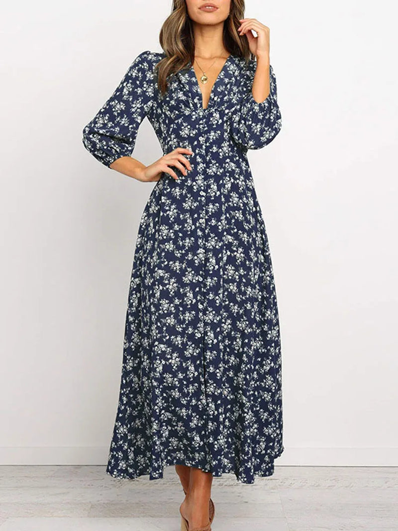 Women Chiffon Long Dress Floral Print Lantern Sleeve A-Line Maxi Vestidos Autumn New Elegant Vintage V Neck Winter Dresses