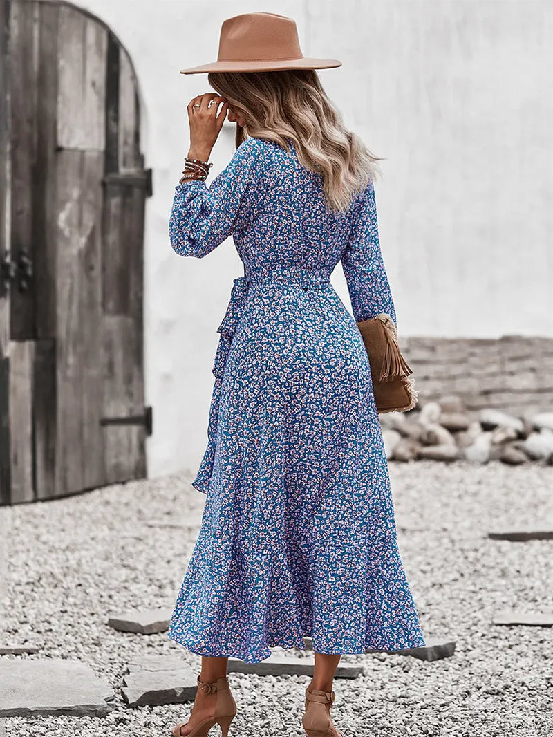 Spring Autumn Long Bandage Print Dress for Women V Neck Full Sleeve Hight Waist Winter Maxi Dresses Ladies Elegant